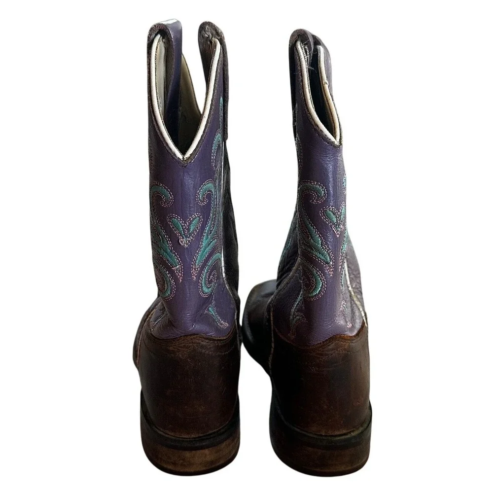 Old West Purple Brown Leather Embroidered Cowboy Boots Kid's 1.0 D
